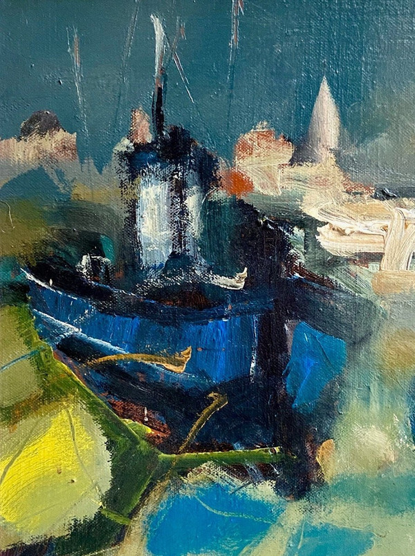 Jordi Bonas (1937-2017), Painting "Boats In Port", Oil On Canvas From the 1970s. 