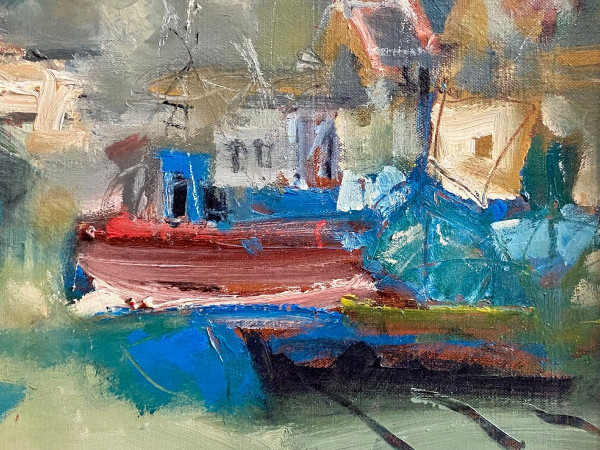 Jordi Bonas (1937-2017), Painting "Boats In Port", Oil On Canvas From the 1970s. 