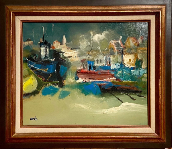 Jordi Bonas (1937-2017), Painting "Boats In Port", Oil On Canvas From the 1970s. 