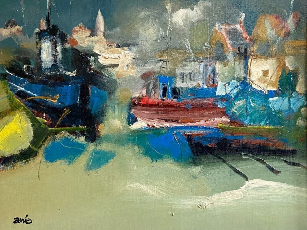 Jordi Bonas (1937-2017), Painting "Boats In Port", Oil On Canvas From the 1970s. 