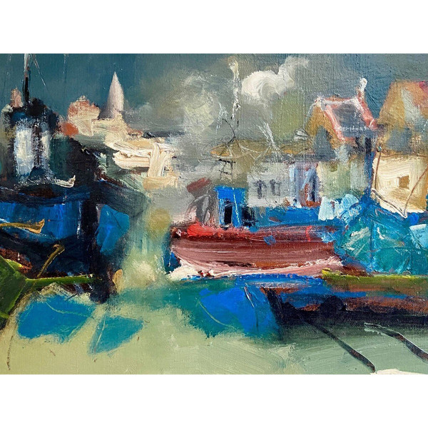 Jordi Bonas (1937-2017), Painting "Boats In Port", Oil On Canvas From the 1970s. 