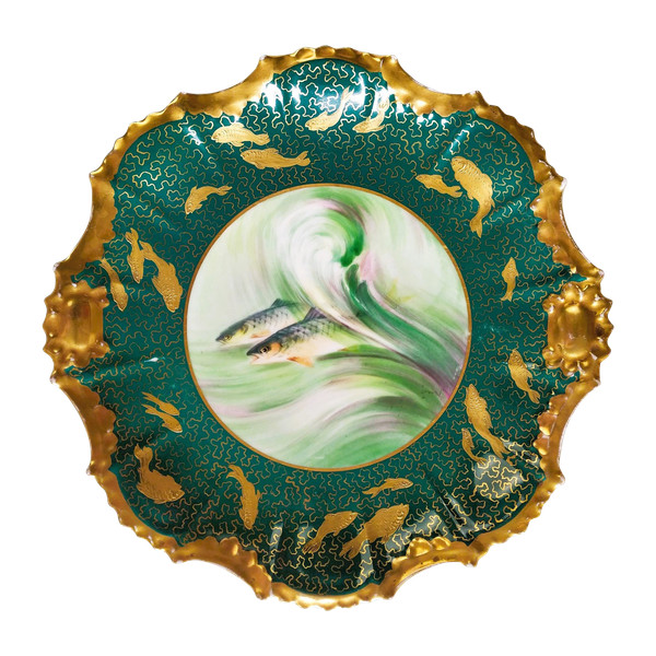 Piatto in porcellana di Limoges con decoro pesci dipinto a mano 