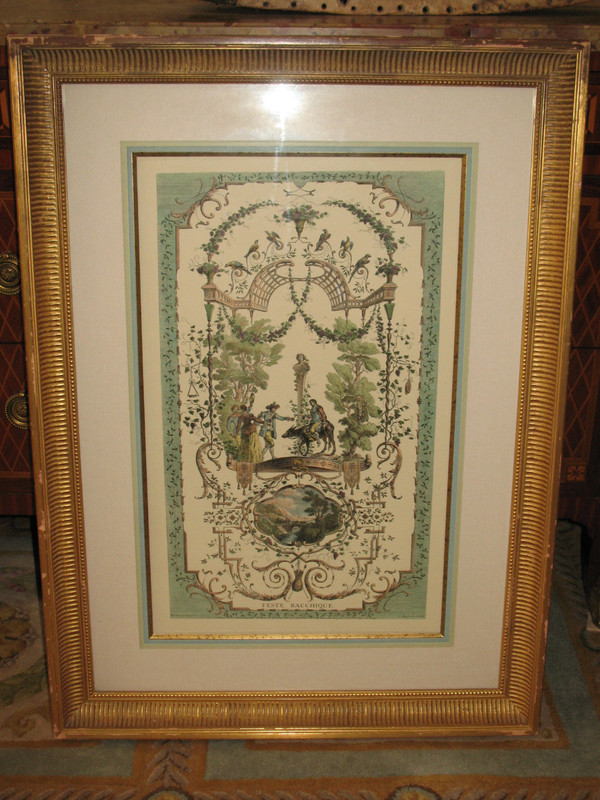 Bacchic feast after Watteau color engraving by J. Moyreau framed d: 66 x 91 cm 