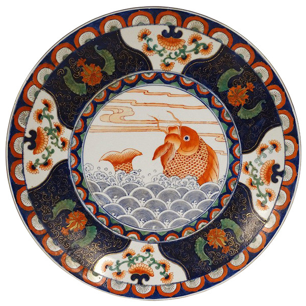 Große chinesische Porzellanplatte Imari Fisch Karpfen Blumen China Anfang 20.