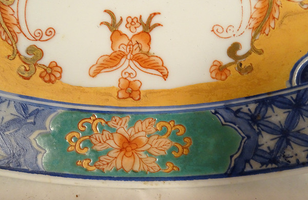 Große Platte Porzellan Imari Japan Pferde Blumen Schmetterlinge 46,5cm Anfang 20.