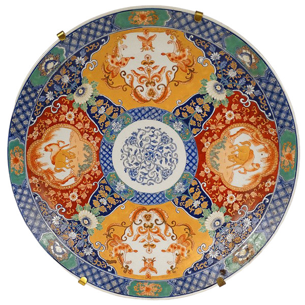 Große Platte Porzellan Imari Japan Pferde Blumen Schmetterlinge 46,5cm Anfang 20.