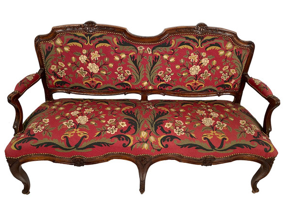Louis XV-style bench seat upholstered with petit point tapestry, early 19th century