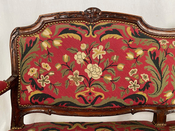 Louis XV-style bench seat upholstered with petit point tapestry, early 19th century