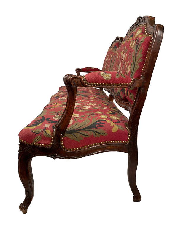 Louis XV-style bench seat upholstered with petit point tapestry, early 19th century