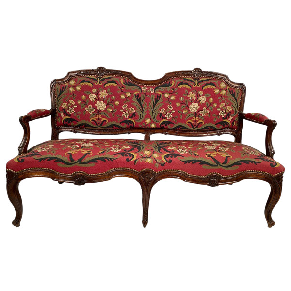 Louis XV-style bench seat upholstered with petit point tapestry, early 19th century