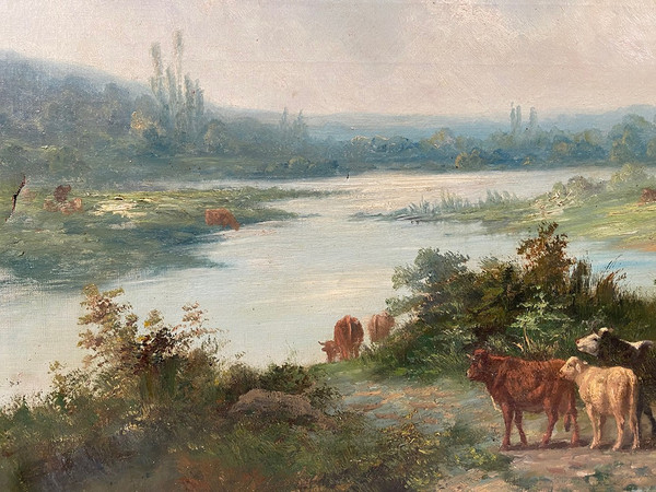 "Paysage aux vaches", large oil on canvas, 19th century, signed E.Perrier