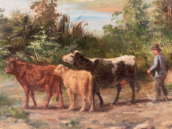"Paysage aux vaches", large oil on canvas, 19th century, signed E.Perrier