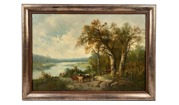 "Paysage aux vaches", large oil on canvas, 19th century, signed E.Perrier