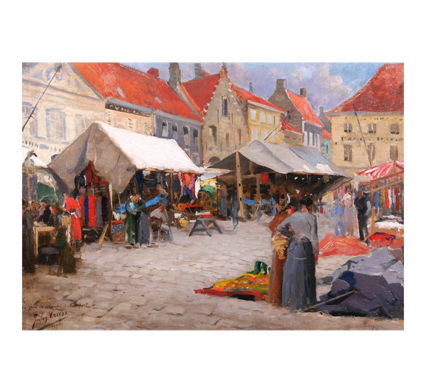 Jules Cran painting market Belgium Nieuwpoort impressionism Art Nouveau