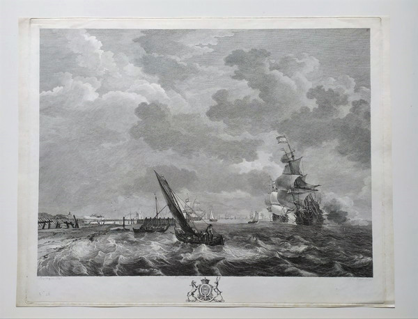 Etching Seascape Engraving After Ludolf Bakhuizen 18th c Old Print