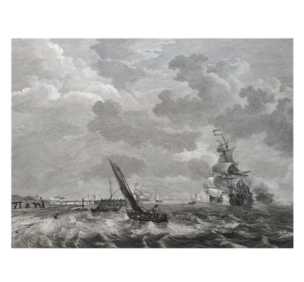 Etching Seascape Engraving After Ludolf Bakhuizen 18th c Old Print