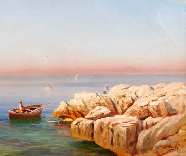François GAUTIER Barque, Marseille, tableau marine paysage bateau pêche Provence