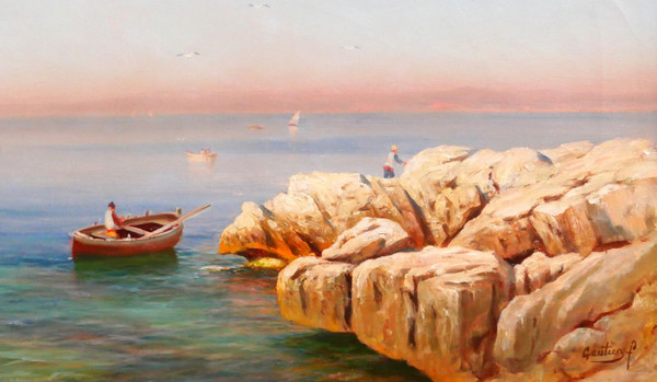 François GAUTIER Barque, Marseille, tableau marine paysage bateau pêche Provence
