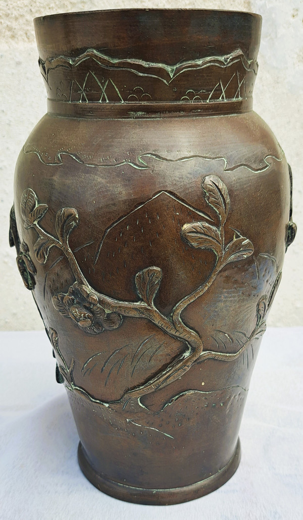 Japanische Bronzevase aus der Meiji-Zeit mit Vögeln und Blumen