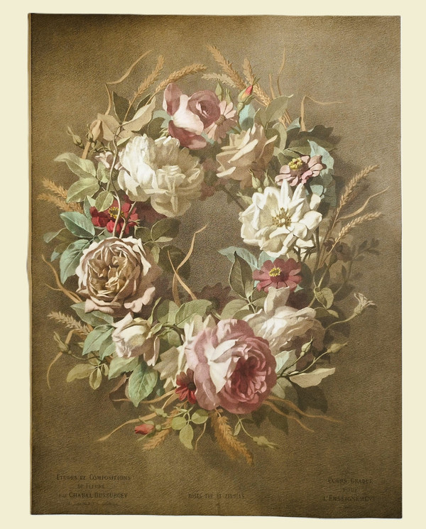 Kronenblumen-Teerosen und Zinnien, Aquarell-Lithographie nach Chabal Dussurgey, 19. Jahrhundert
