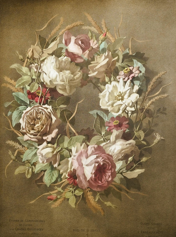 Kronenblumen-Teerosen und Zinnien, Aquarell-Lithographie nach Chabal Dussurgey, 19. Jahrhundert
