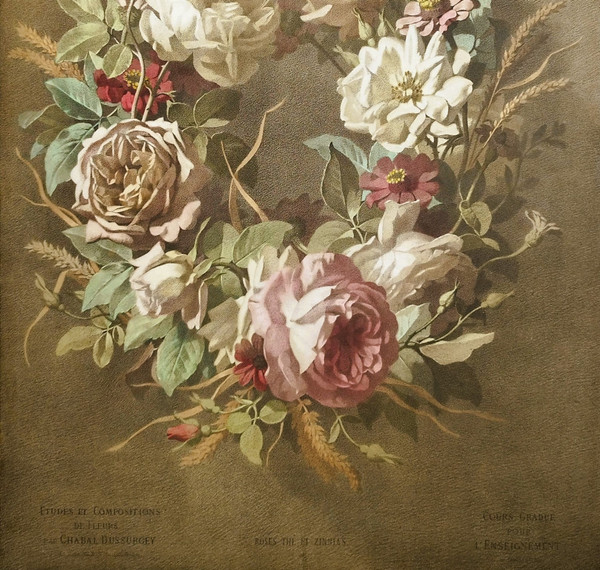 Kronenblumen-Teerosen und Zinnien, Aquarell-Lithographie nach Chabal Dussurgey, 19. Jahrhundert