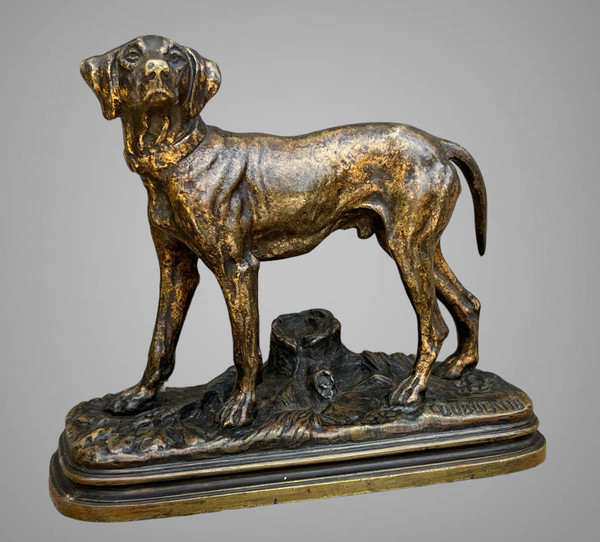 BRONZE ANCIEN SIGNÉ "ALFRED DUBUCAND 1828-1894 " REPRESENTANT UN CHIEN de CHASSE