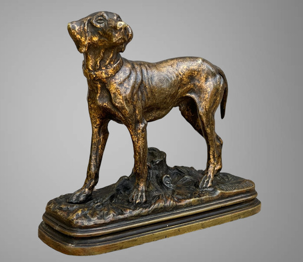 BRONZE ANCIEN SIGNÉ "ALFRED DUBUCAND 1828-1894 " REPRESENTANT UN CHIEN de CHASSE