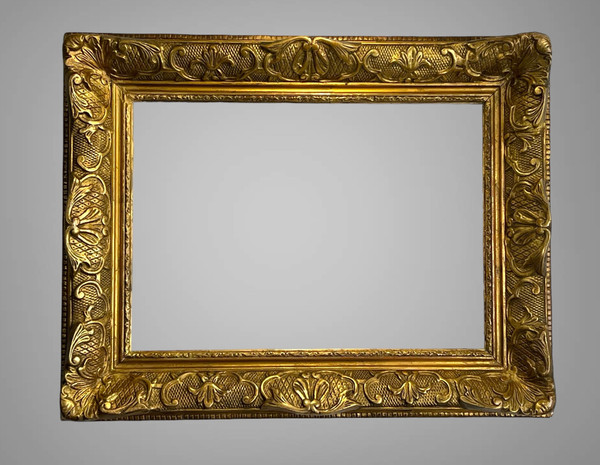 ALTER RAHMEN AUS HOLZ AUS DEM 19. JH. UND GESCHNITZTER VERGOLDETER STUCK ZUM MALEN, 47 CM X 34 CM