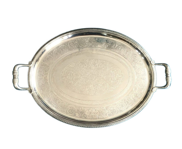 large oval serving tray with CHRISTOFLE handles, MALMAISON model, silver metal