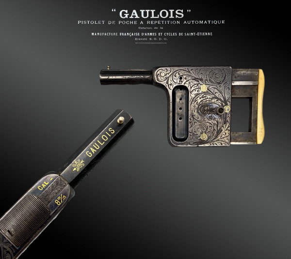 Pistola automatica a ripetizione “GAULOIS” n° 4 con fodero in cuoio fulvo - Francia - XIX secolo
