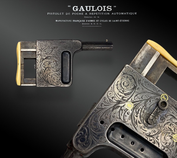 Pistola automatica a ripetizione “GAULOIS” n° 4 con fodero in cuoio fulvo - Francia - XIX secolo