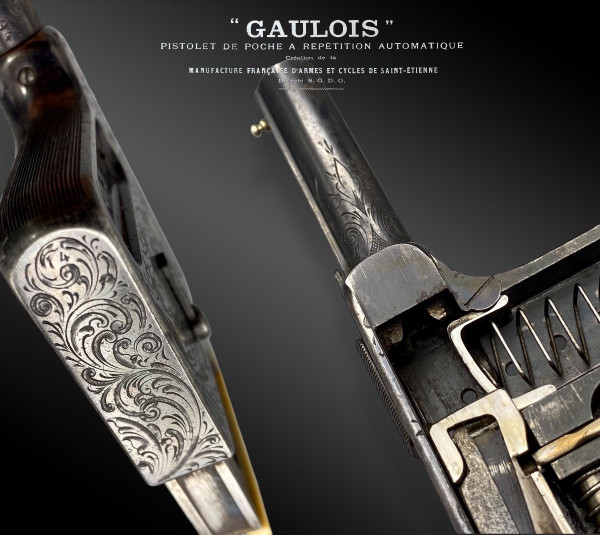 Pistola automatica a ripetizione “GAULOIS” n° 4 con fodero in cuoio fulvo - Francia - XIX secolo