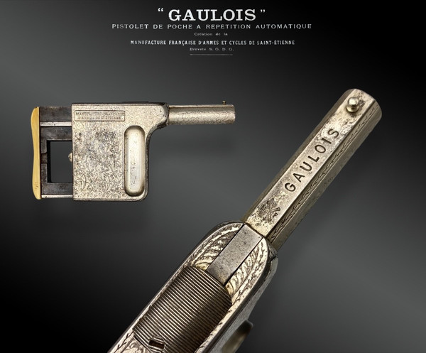 Pistola automatica a ripetizione “GAULOIS” N°2, argento, con fondina - Francia - XIX secolo