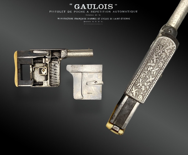 Pistola automatica a ripetizione “GAULOIS” N°2, argento, con fondina - Francia - XIX secolo