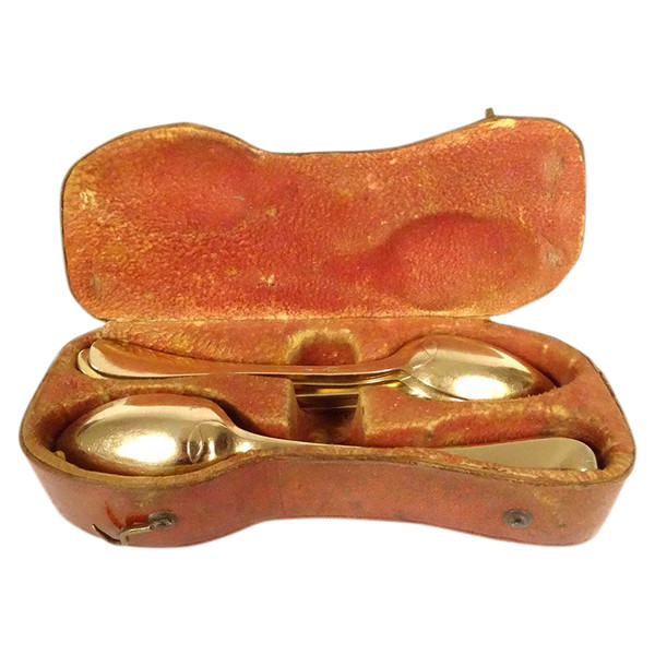 12 Small Spoons Silver Vermeil Leather Case 221gr Directoire Late 18th Century