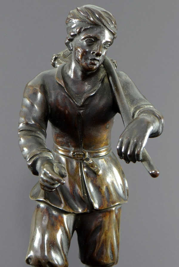 Italy, 18th Century, Bronze Statue Representing a Basket Carrier on a Marble Base.