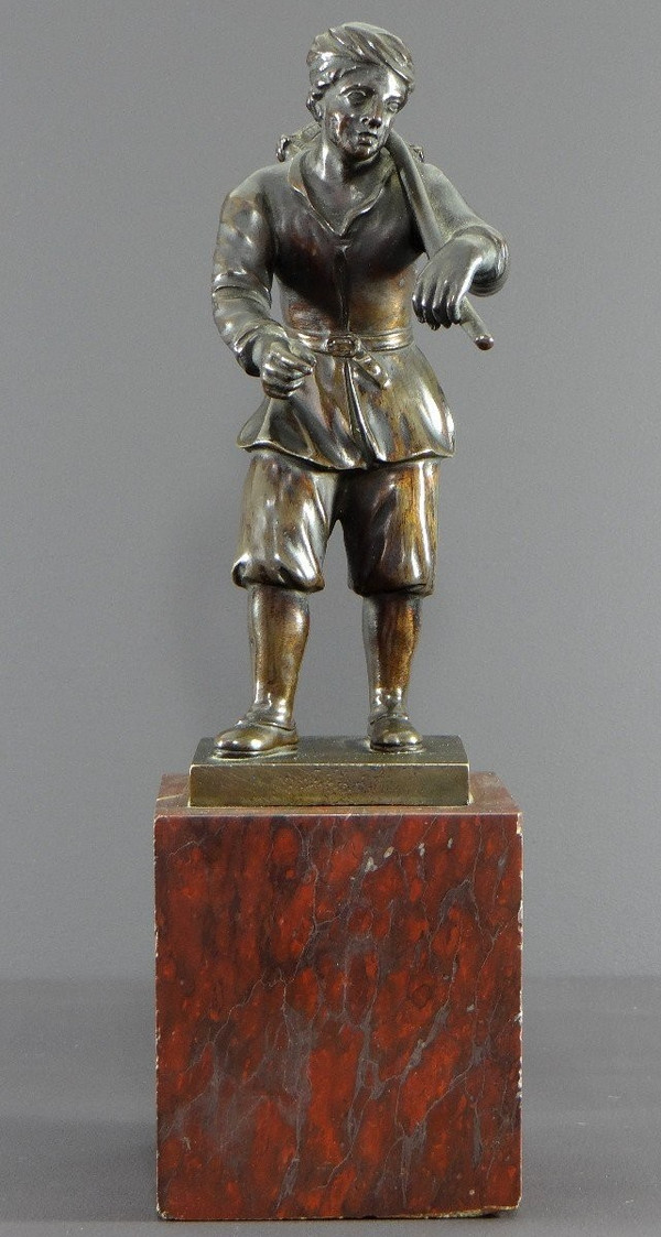 Italy, 18th Century, Bronze Statue Representing a Basket Carrier on a Marble Base.