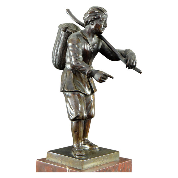 Italy, 18th Century, Bronze Statue Representing a Basket Carrier on a Marble Base.