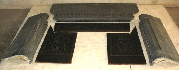 Louis XVI period fireplace in Turquin blue marble complete with its 18th century cast iron hearth 
