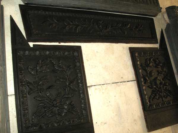 Louis XVI period fireplace in Turquin blue marble complete with its 18th century cast iron hearth 