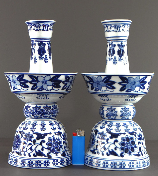 China, 1960s/1970s, Pair Of Porcelain Candlesticks Presenting A Rich Floral Decor.