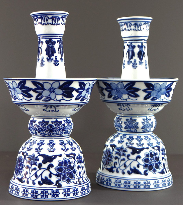 China, 1960s/1970s, Pair Of Porcelain Candlesticks Presenting A Rich Floral Decor.
