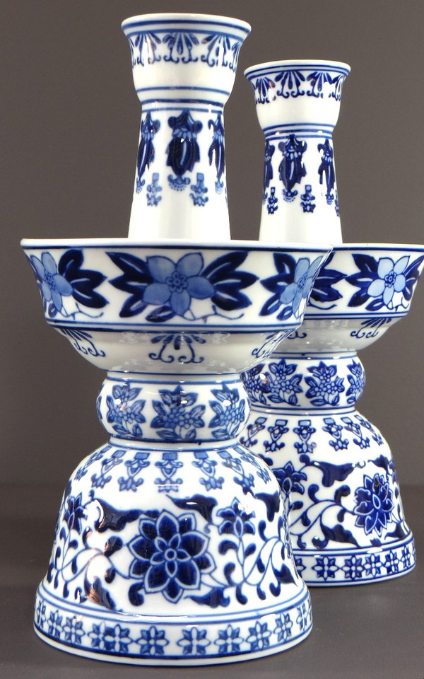 China, 1960s/1970s, Pair Of Porcelain Candlesticks Presenting A Rich Floral Decor.
