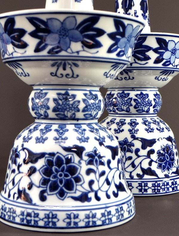 China, 1960s/1970s, Pair Of Porcelain Candlesticks Presenting A Rich Floral Decor.
