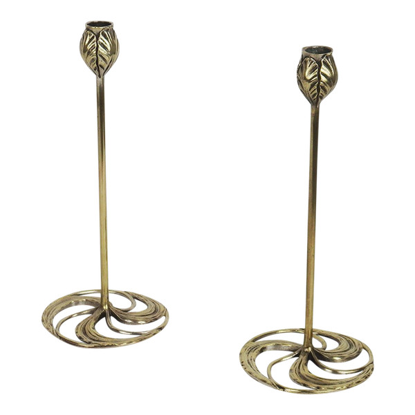 Pair of Art Nouveau Bronze Candlesticks by Abel Landry