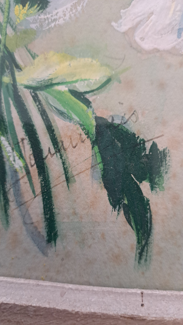 Tableau huile sur papier bouquet de fleurs signature à voir 20ème siècle
