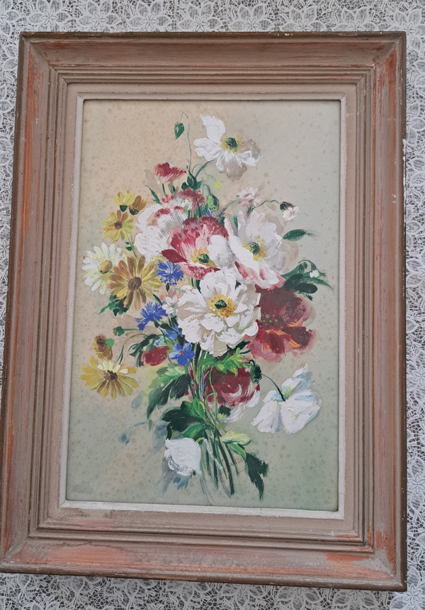 Tableau huile sur papier bouquet de fleurs signature à voir 20ème siècle