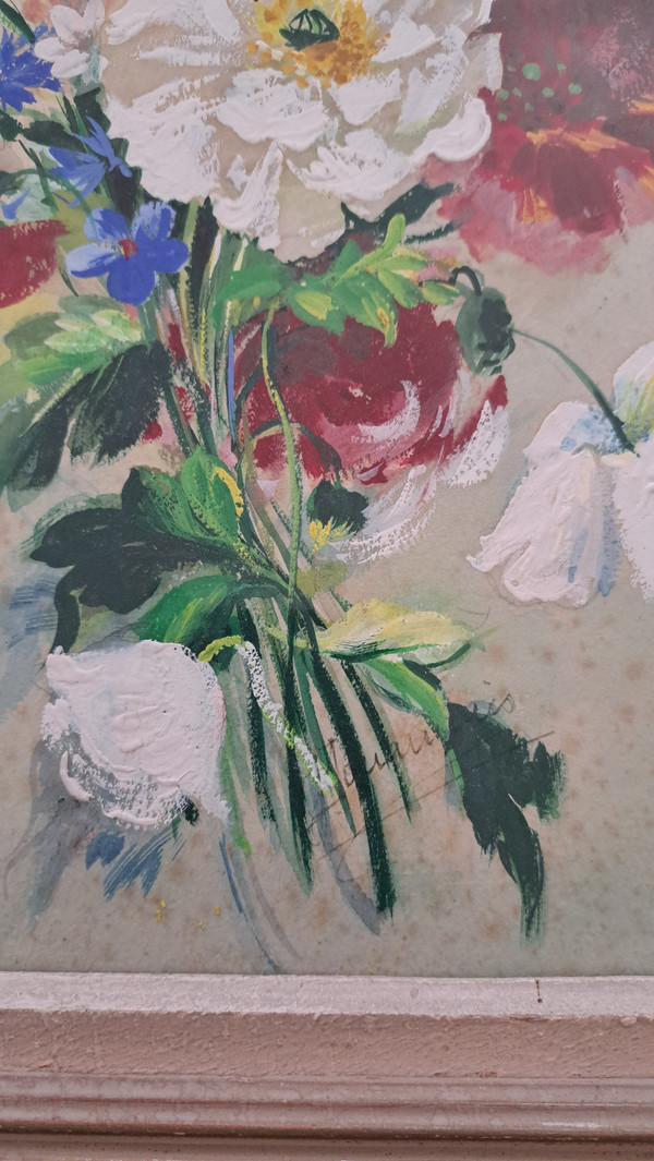 Tableau huile sur papier bouquet de fleurs signature à voir 20ème siècle