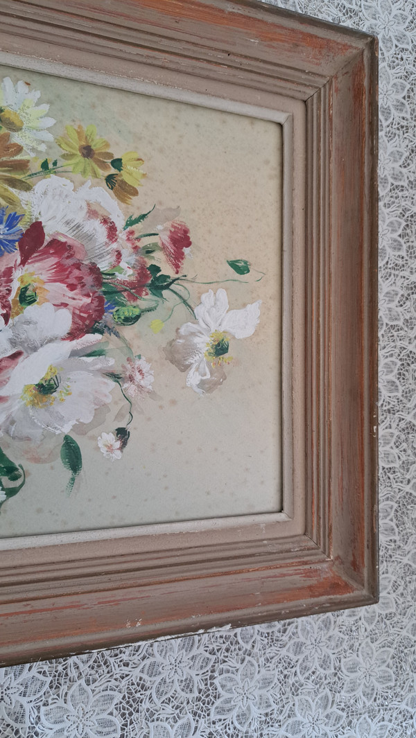 Tableau huile sur papier bouquet de fleurs signature à voir 20ème siècle